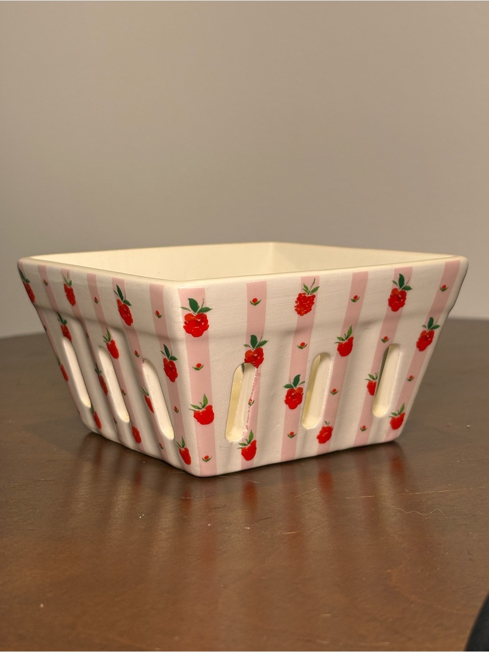 Striped Pink Ceramic Berry Basket Bowl